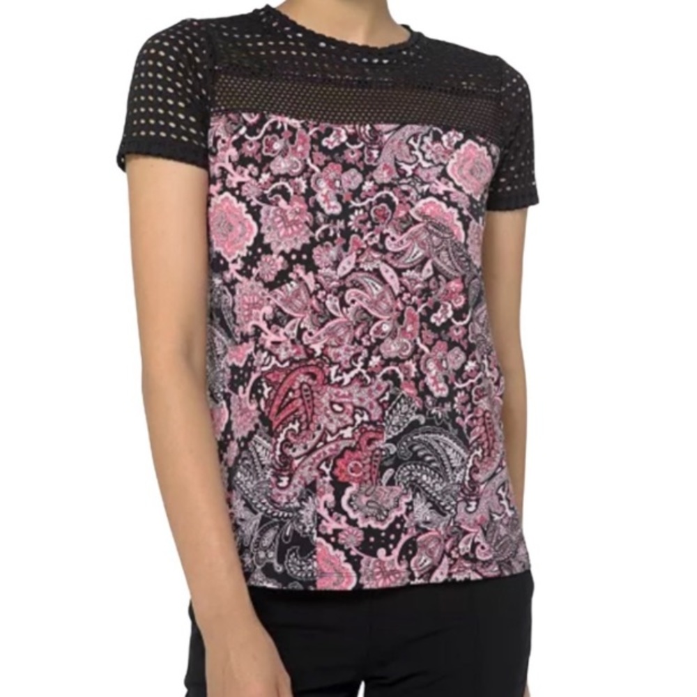 Michael Michael Kors Short Sleeves Top Black and Pink Paisley Size M